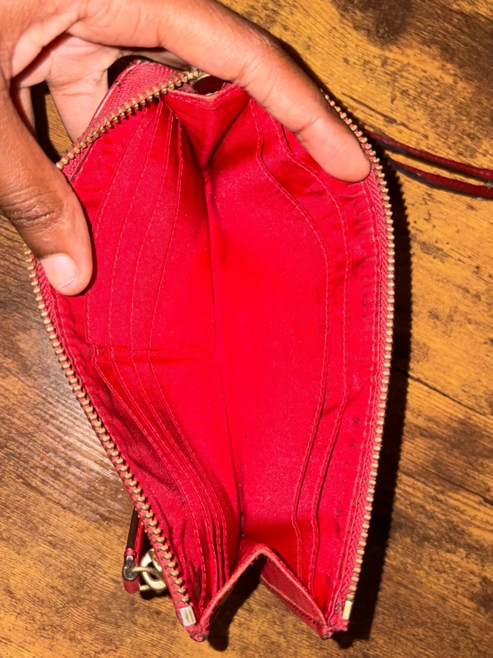 Coach Brown Signature Canvas Wristlet with Red Leather Trim